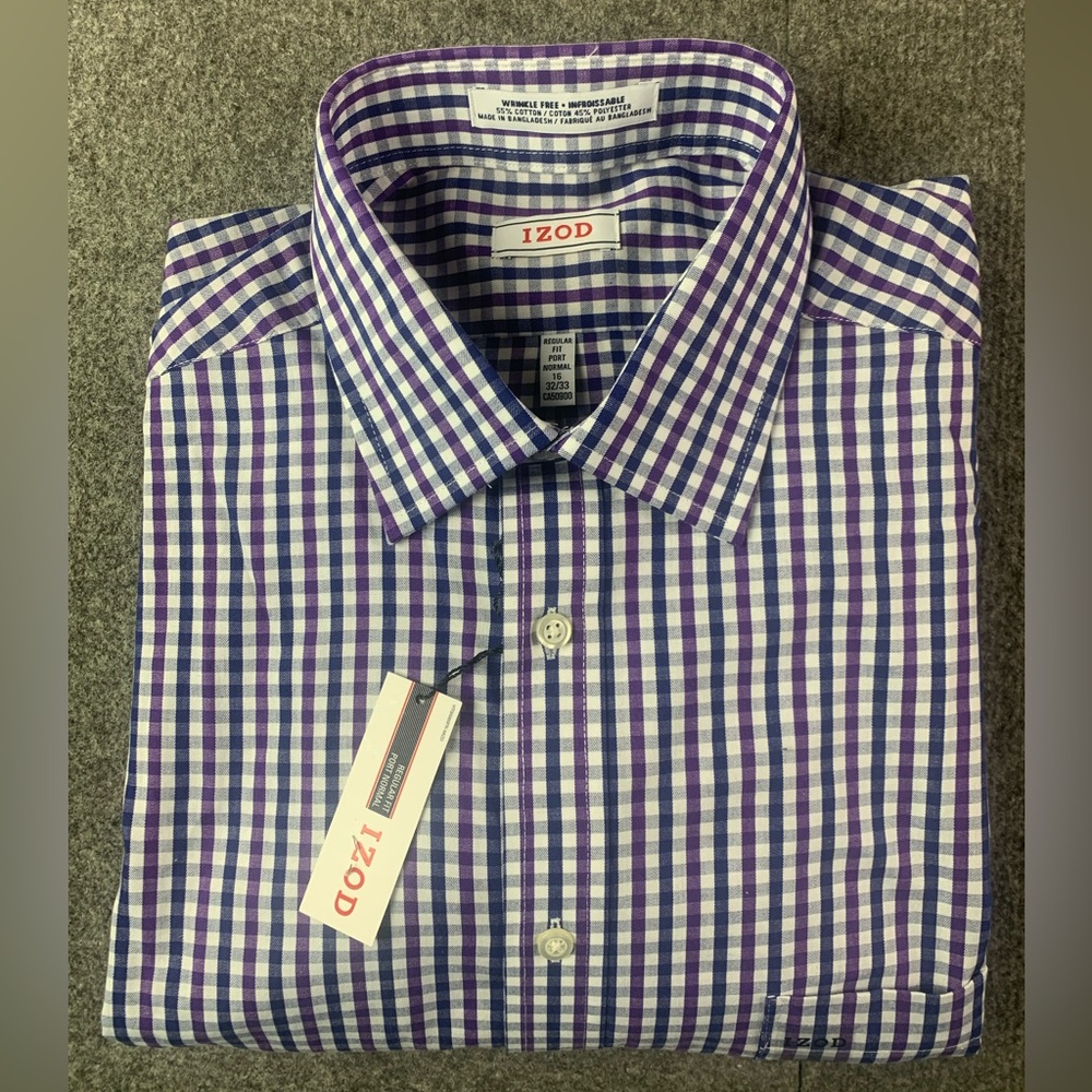 Izod Wrinkle Free Regular Fit Mens Cotton Blend L/S Button Up Shirt Sz 16-32/33